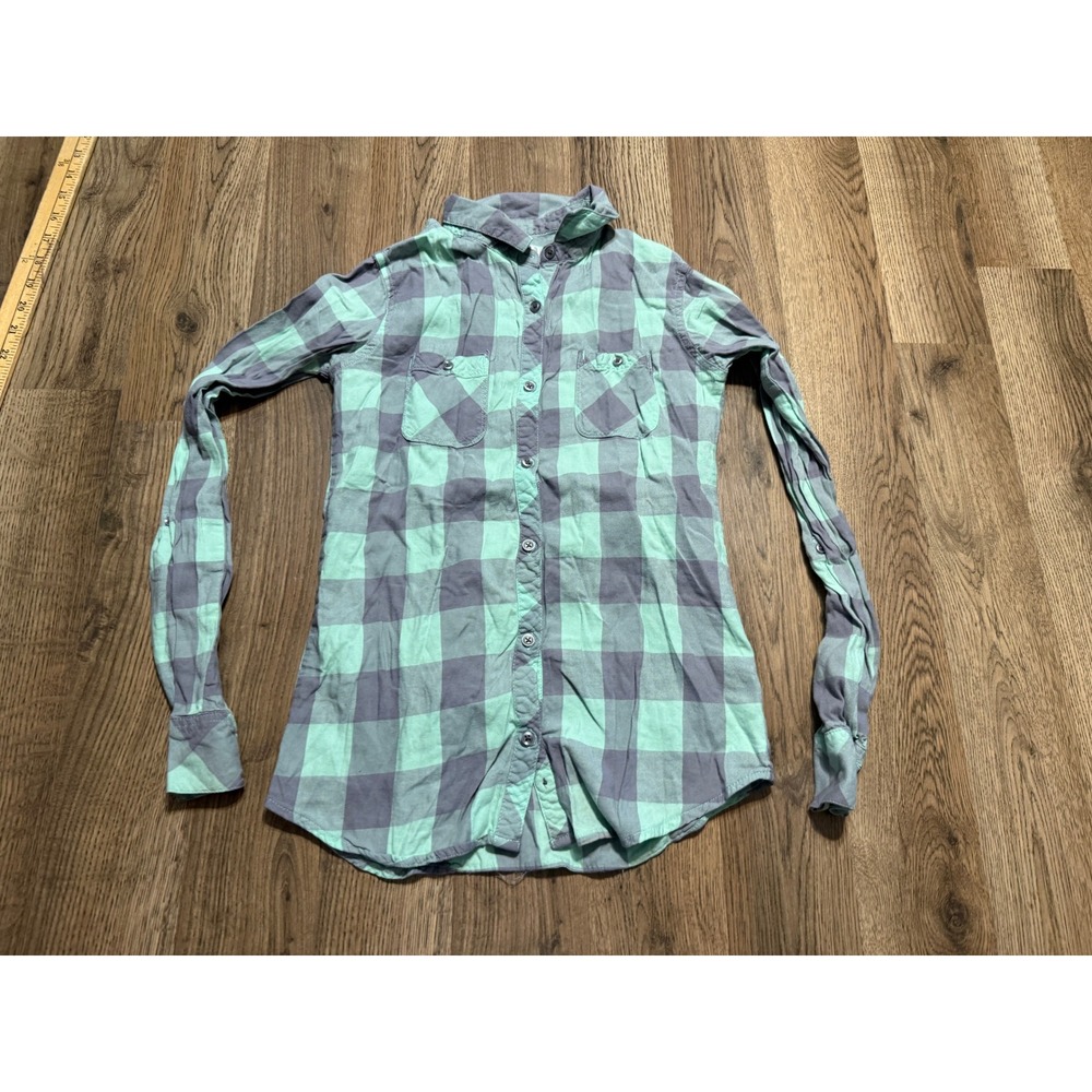 Green Soda Button Up Shirt Girls XL 14-16 Mint Grey Plaid Youth Long Sleeve